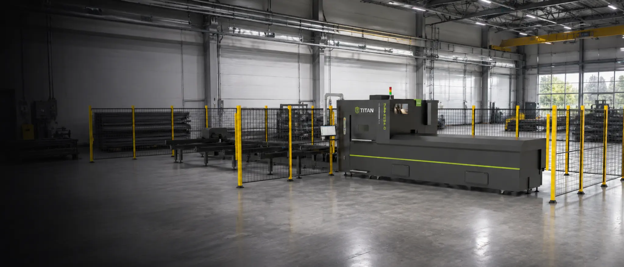 Titan T6524 tube fibre laser — three-quarter view with 2-chuck vertical cutting system for pipe and profile cutting