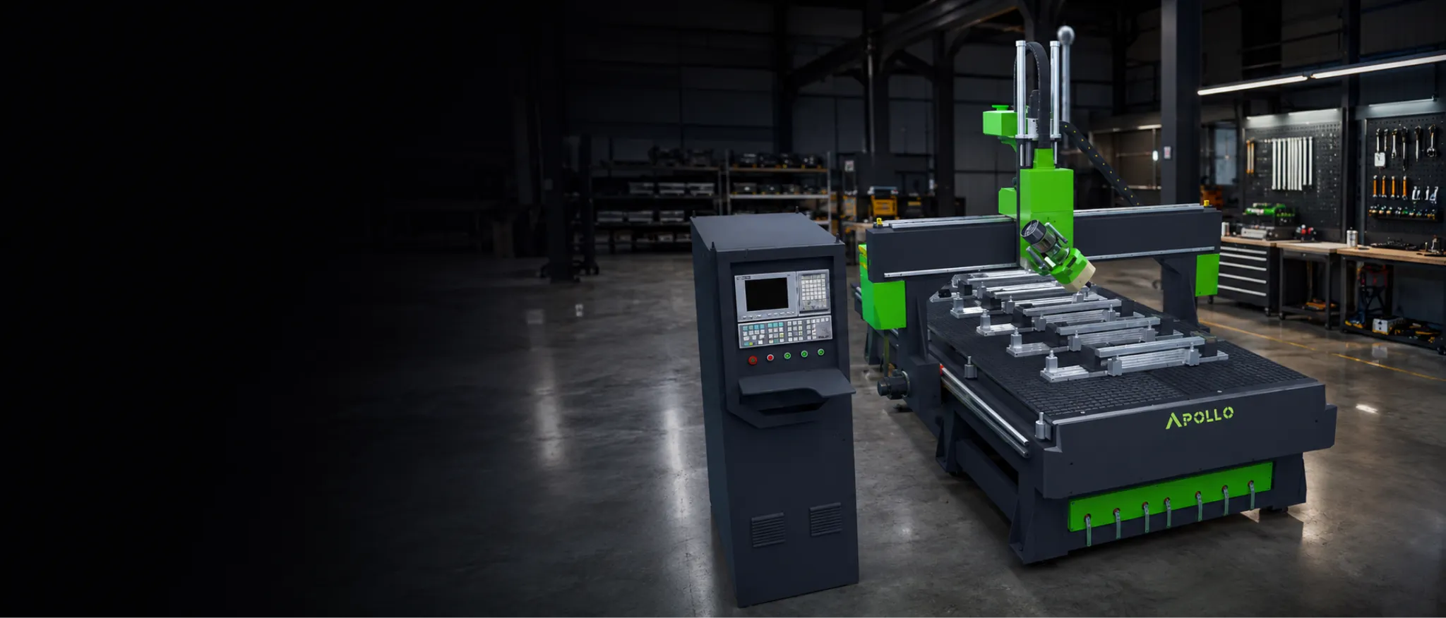 Apollo 4-axis ATC CNC router in a UK production workshop — multi-angle machining with Syntec control