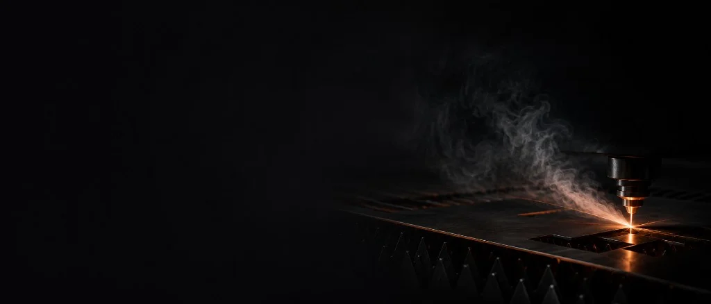 Fibre laser cutting head at work on sheet metal — sparks and fume against a dark workshop background
