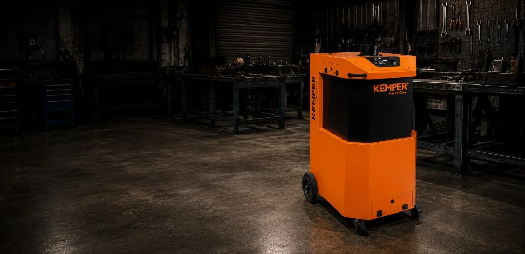 Kemper MaxiFil Clean mobile extraction unit in a UK fibre laser workshop