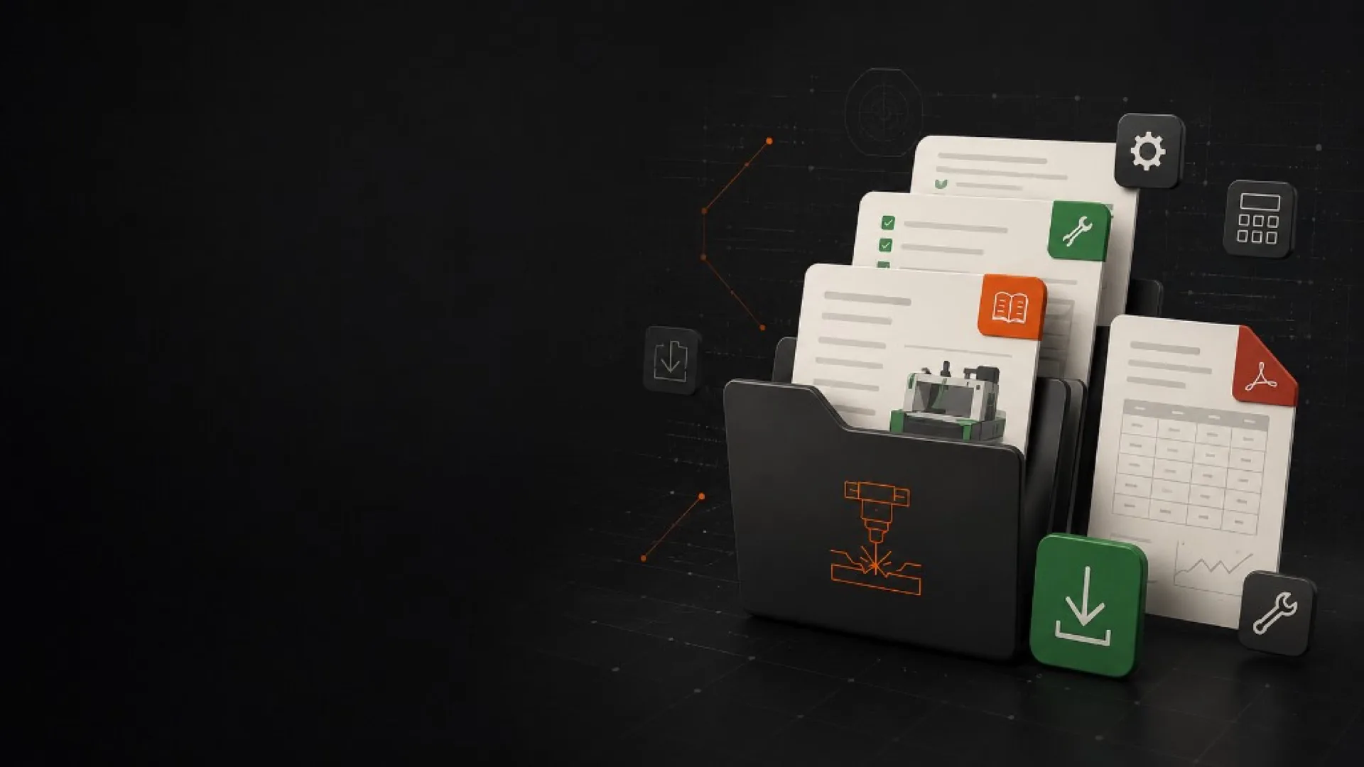 Machinery resource centre illustration — calculators, guides, PDF manuals and CNC laser documentation