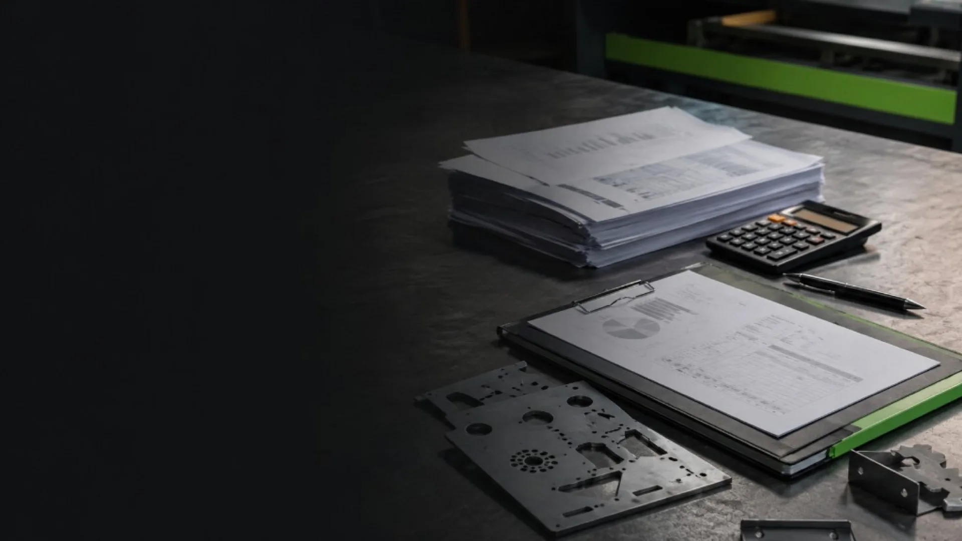 Industrial ROI planning — calculator, charts and precision-cut metal parts on a workshop bench