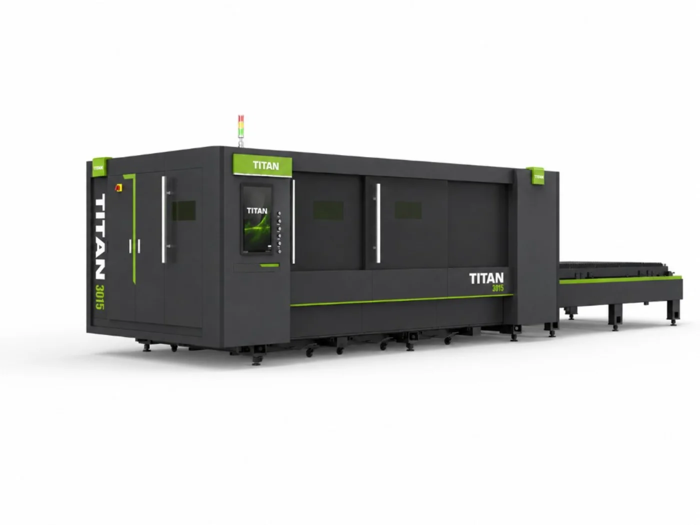 Titan F3015B operator station with FSCUT CNC control and side-opening enclosed cutting zone