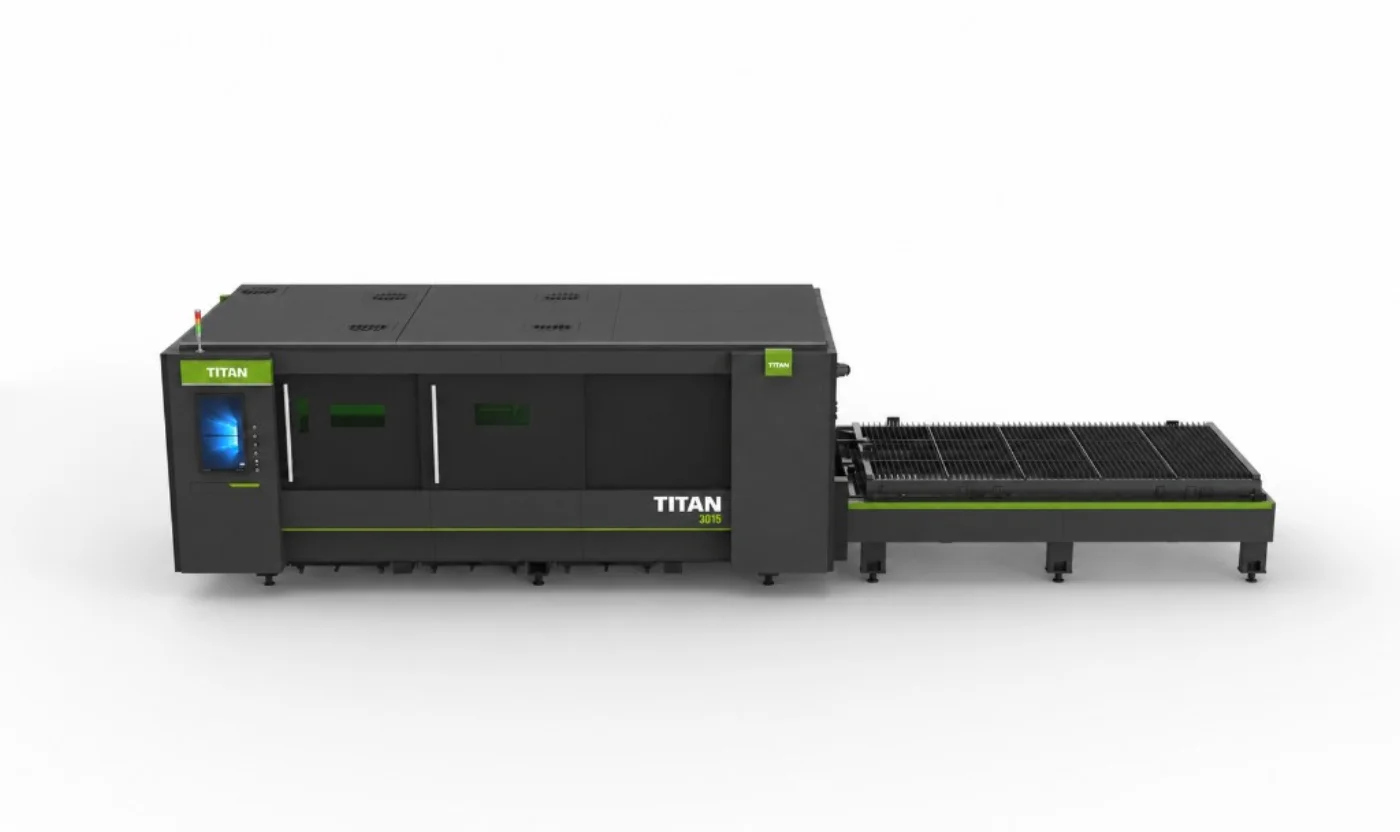 Titan F3015B side-door dual-shuttle platform — lateral access for exchange-table loading in production