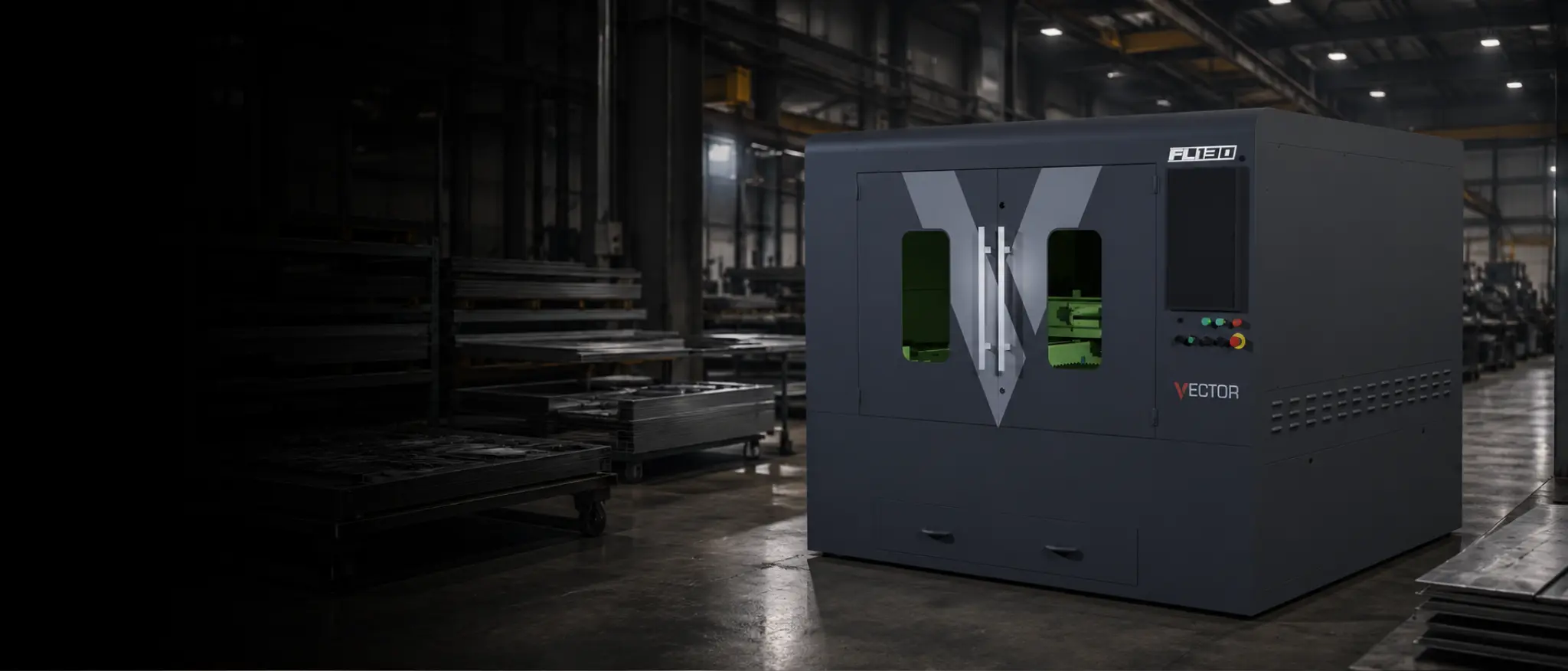 Vector FL130 fibre laser cutter in a UK workshop — 1300×1300mm bed with V-CUT control
