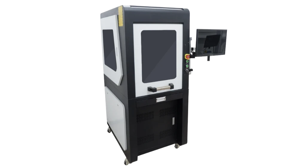 Enclosed XL MOPA fibre laser engraving machine with monitor arm — Mantech UK